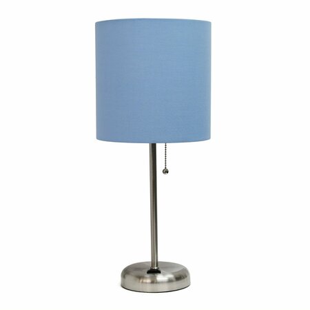 CREEKWOOD HOME Oslo 19.5in Contemporary Power Outlet Base Metal Table Lamp, Brushed Steel, Blue Drum Fabric Shade CWT-2009-BL